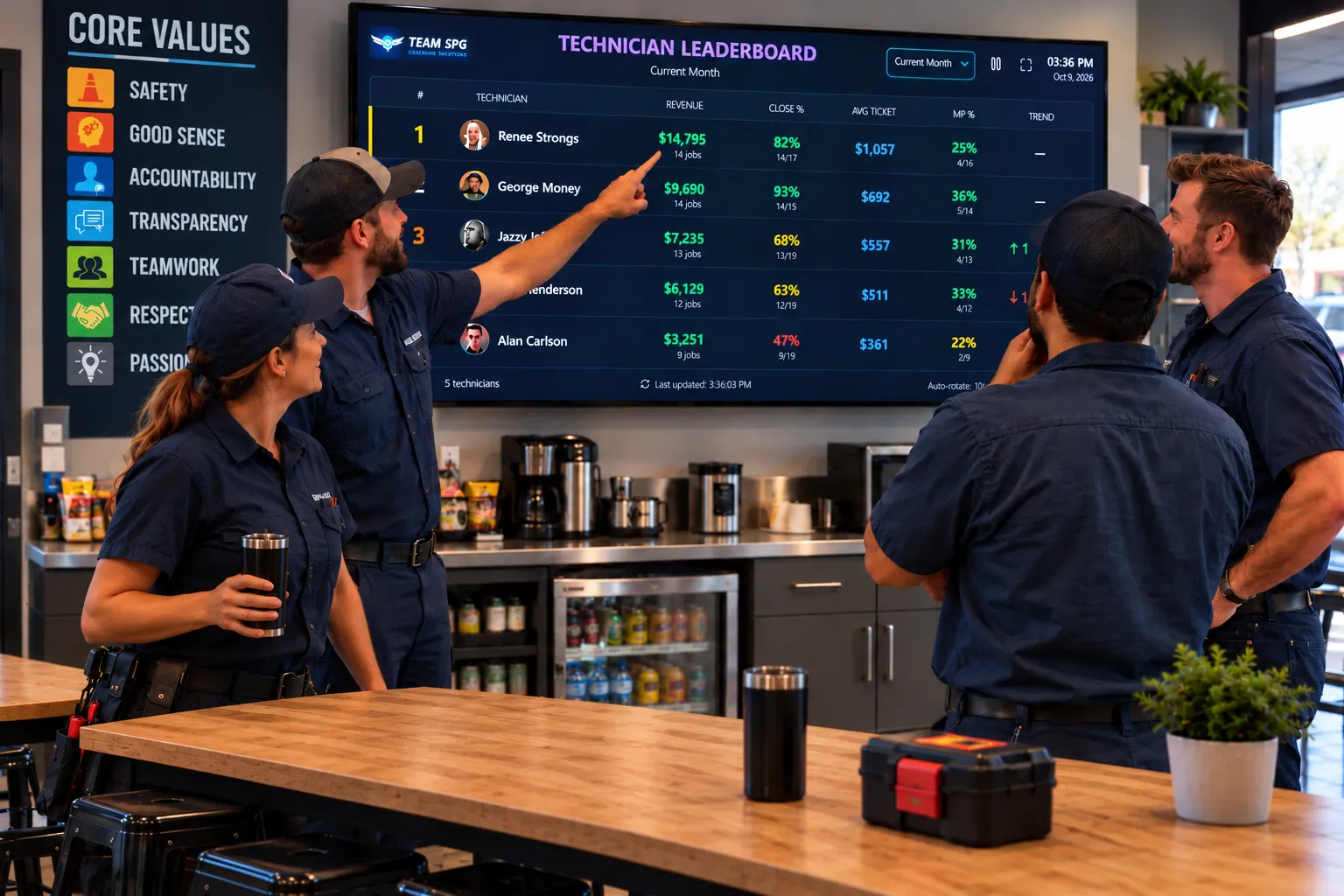Technicians in a shop break room looking up at a TV showing the SOS technician leaderboard