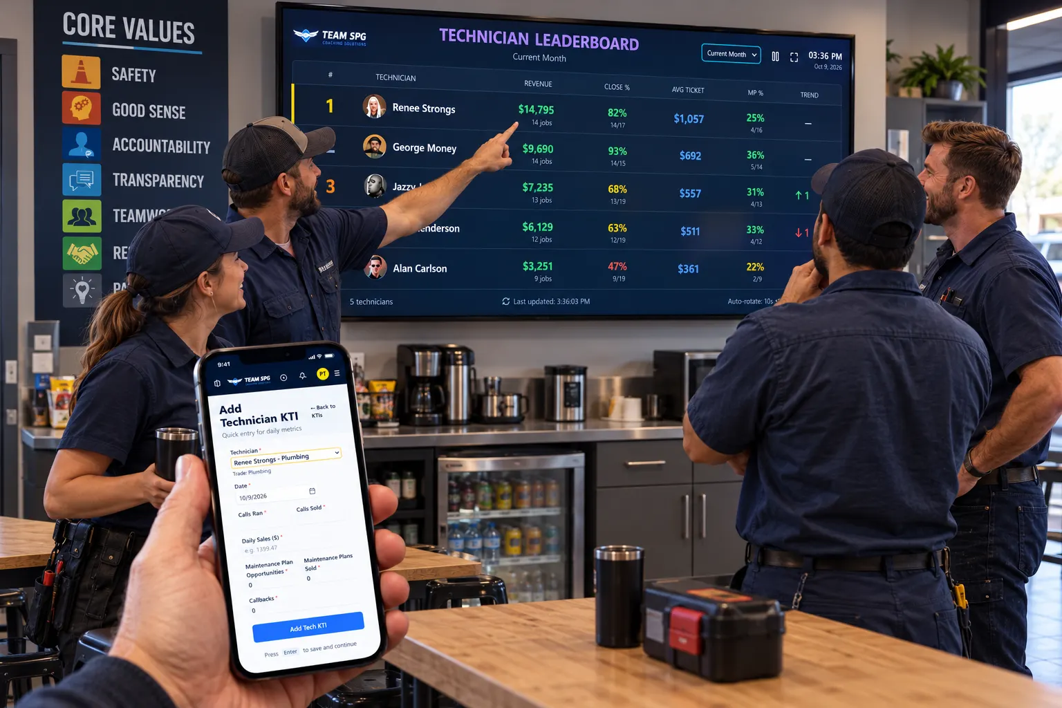 A hand holding a phone with the SOS Add Technician KTI form, in front of a break room TV showing the leaderboard