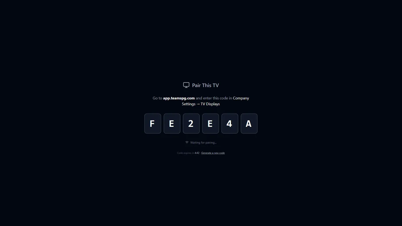 The SOS TV pairing screen showing a six-character code and instructions to enter it in Company Settings